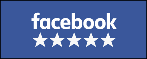 Facebook logo on blue background above 5 white stars