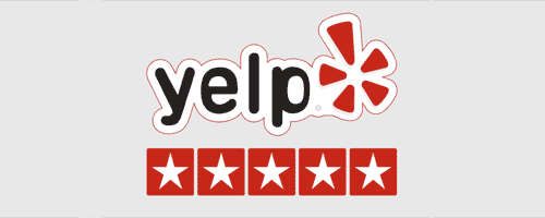 Yelp logo on gray background above 5 stars